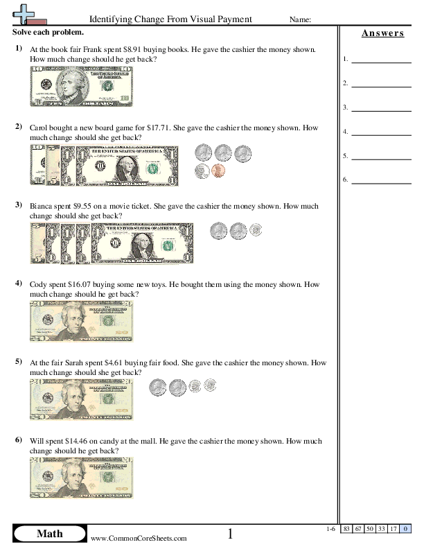 Money Worksheets - Identifying Change From Visual Payment worksheet